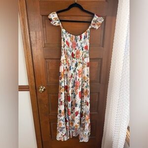 OLIVACEOUS FLORAL OFF THE SHOULDER MAXI